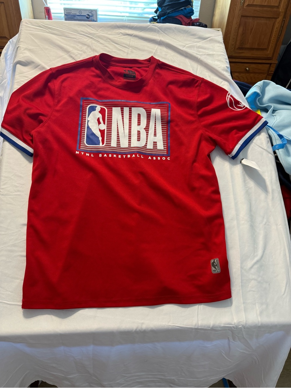 NBA Red Short Sleeve Logo Tee with Blue-Trim Sleeves